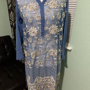 Blue Long Sleeve V-Neck Wedding Guest Dress